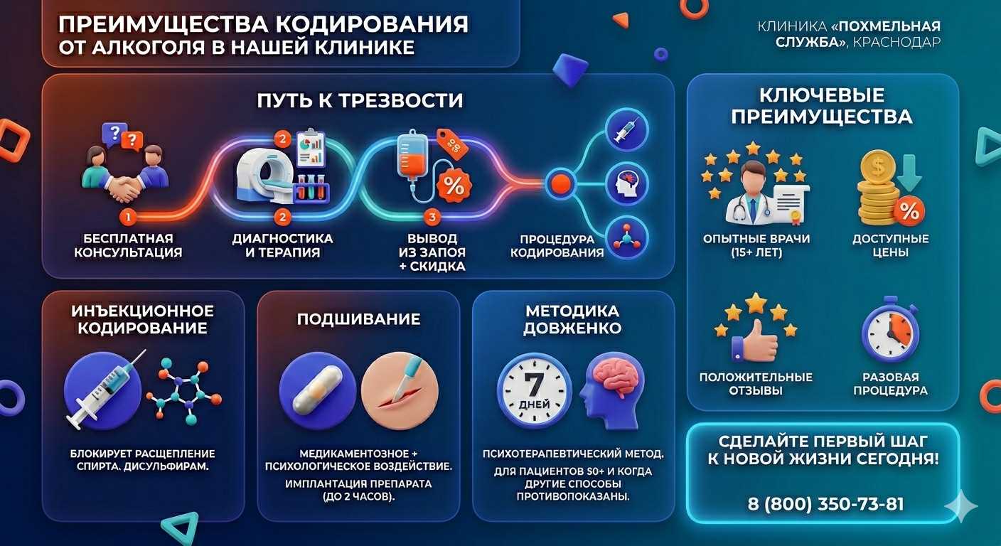 Инфографика о методах кодирования от алкоголя в Кабардинке: инъекции, подшивание, метод Довженко. Преимущества клиники и этапы лечения.