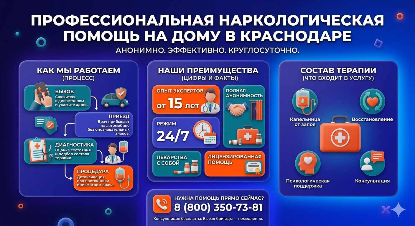 Инфографика о принципах лечения алкоголизма на дому в Кабардинке: этапы вызова нарколога, преимущества анонимной детоксикации и состав медицинской помощи.